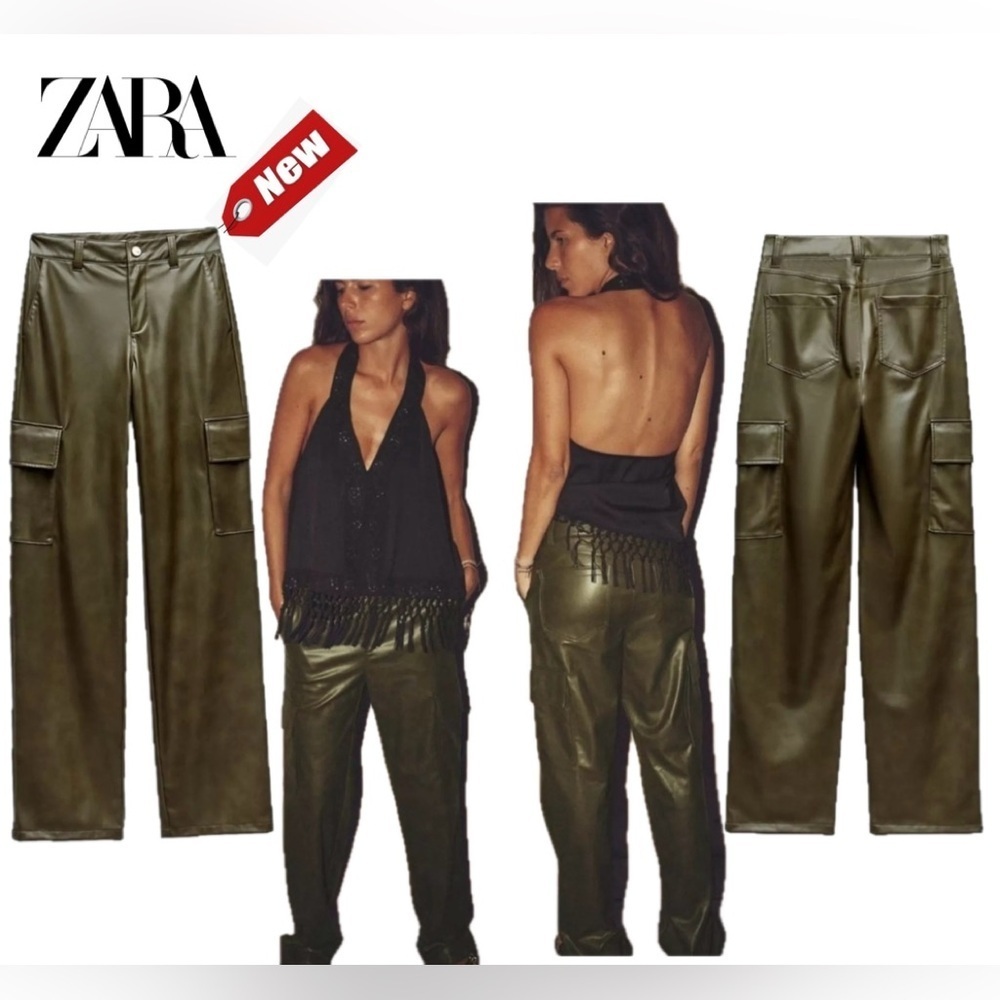 Zara Olive Green Vegan Faux Leather High Rise Straight Leg Cargo Pants 12 NWOT